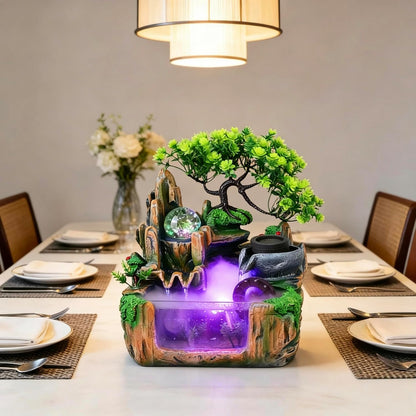 Mini Artificial Bonsai Tree Waterfall Fog Feature Rock Tabletop Fountain | 11in Desktop Decor Waterfall Fountain W/ Water Pump& Atomizer&LED Lights &Fake Tree Office Bedroom Relax