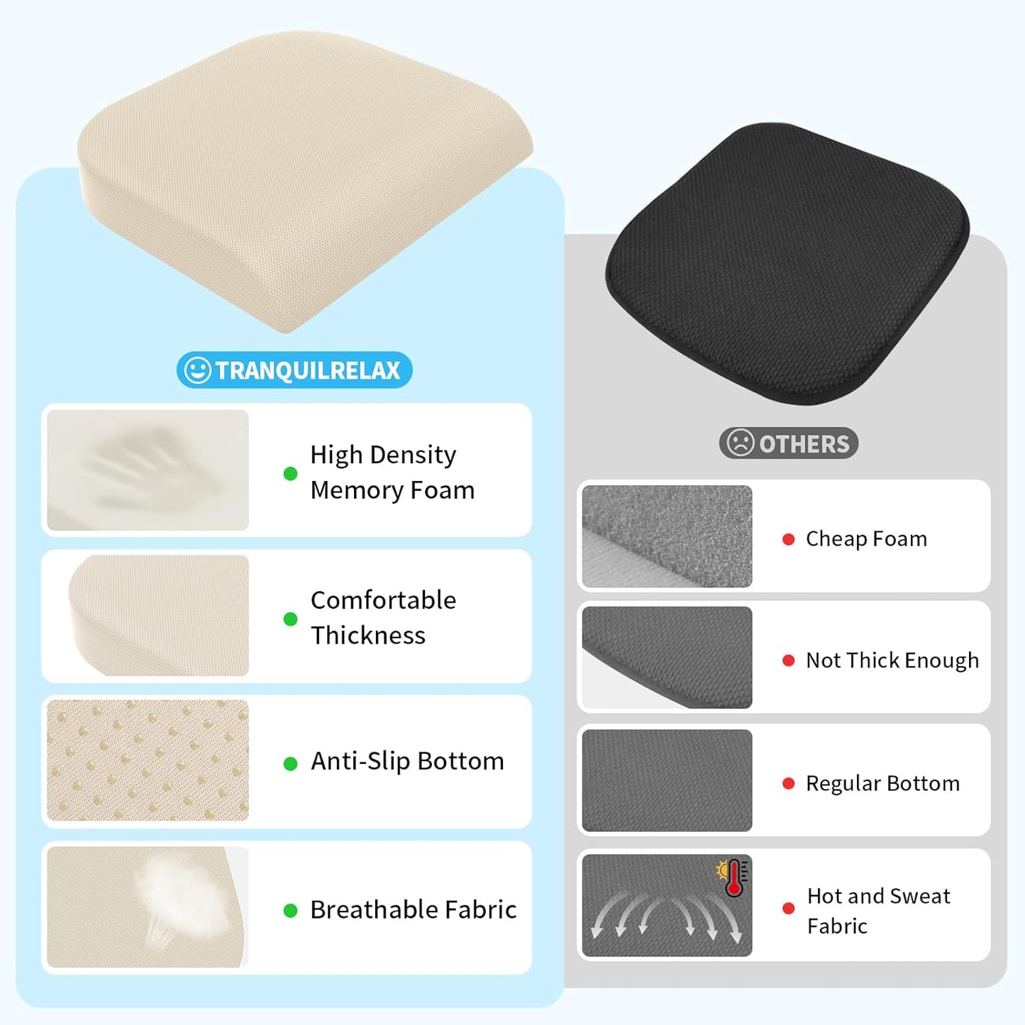 TranquilRelax Large Seat Cushion, Memory Foam Cushion for Long Sitting Hours on Office Chair, Car Seat, Non-Slip Chair Pad for Sciatica, Coccyx, Tailbone Pain Relief & Post-Surgery Recovery (Black)