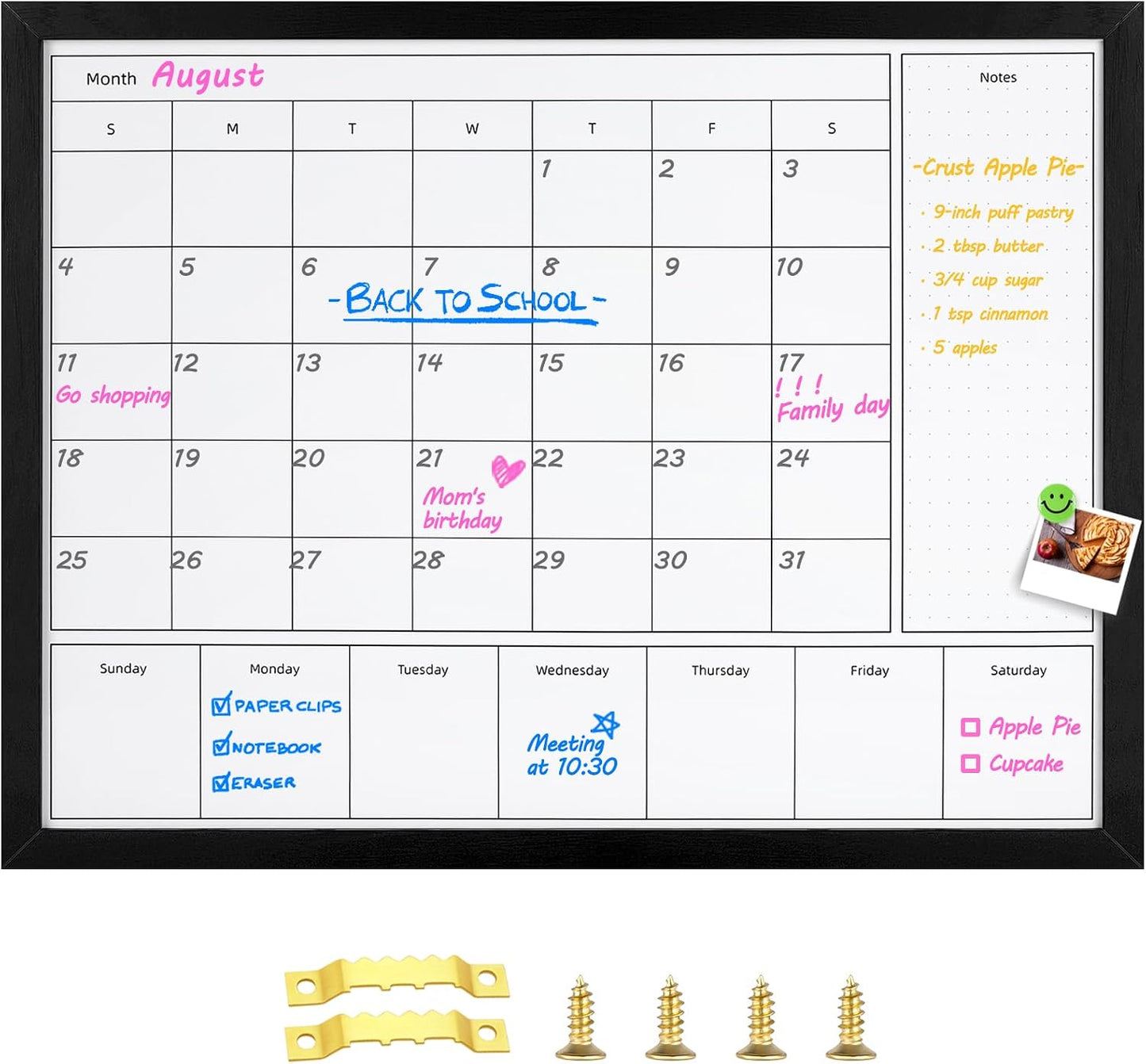 3-in-1 Dry Erase Calendar for Wall, Magnetic Surface Calendar Whiteboard | 17x13 inches Monthly & Weekly Planner Whiteboard, Dry Erase Board with Black Wood Frame, Magnetic Calendar for Classroom