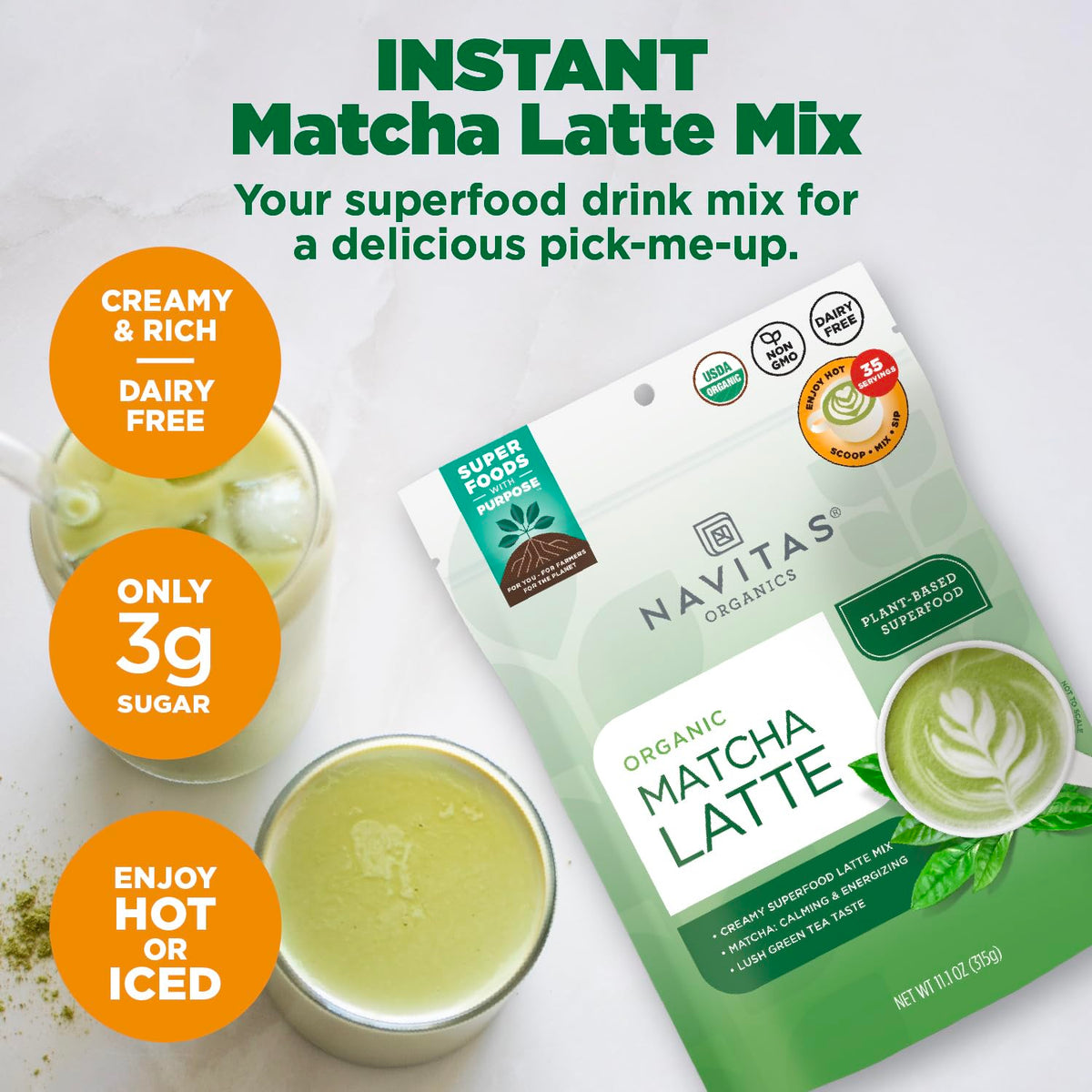 Navitas Organics Instant Matcha Latte Mix – Simple & Convenient Blend For Sweet & Creamy Latte – Mix With Water – Dairy Free & Low Sugar – USDA Organic, Non GMO, Gluten Free (11.1oz. Bag, 35 Servings)