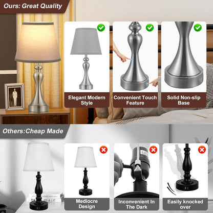 Seealle Touch Lamps for Nightstand - Bedside Lamps Set of 2, 3 Way Dimmable, USB C+A for Bedroom & End Tables (LED Bulbs Included)
