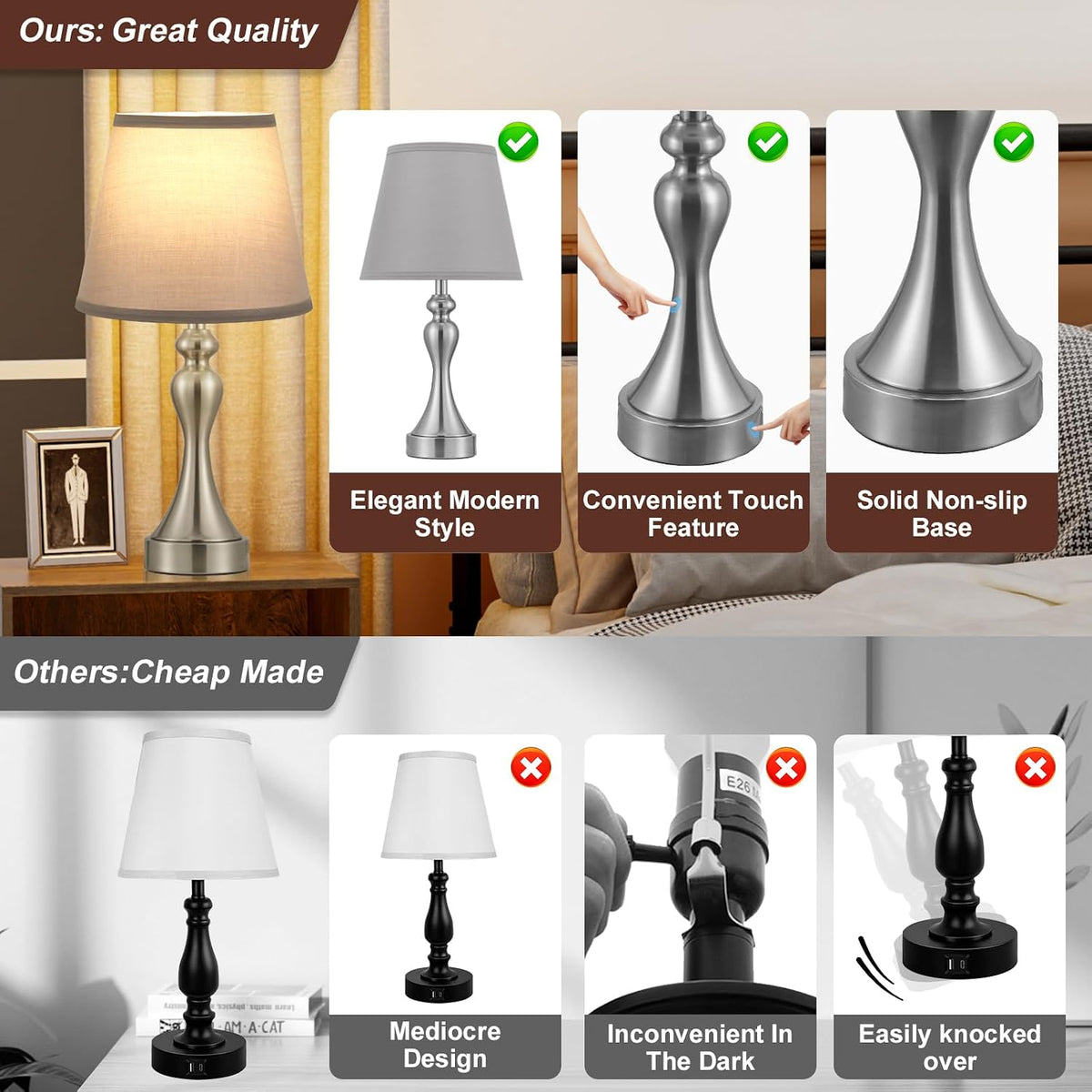 Touch Lamps for Nightstand, 3 Way Dimmable Bedside Lamps with USB C+A Ports
