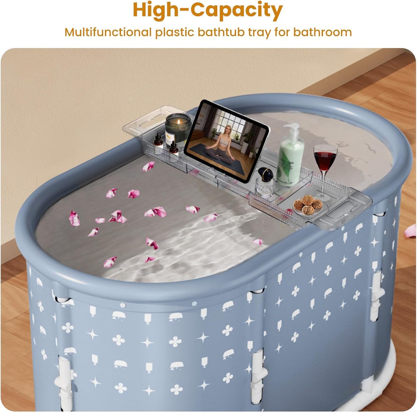 Foldable Bathtub Tray, Expandable to 80cm Acrylic Bath Tray for Tub, Bath Tub Tray Shower Storage Rack, Bath Table Trays for Bathtub (Transparent Bathtub Tray)