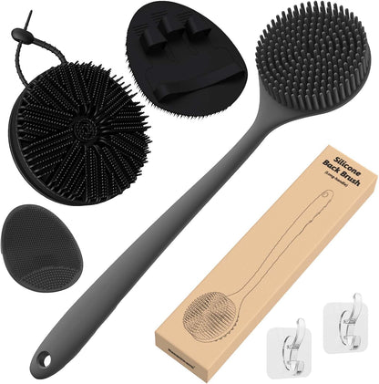 Manmihealth Silicone Back Scrubber & Soft Bath Glove Set 4 PCS(Thick Bristles), Super-Exfoliating Body Scrubber & Super-Lathering Shower Brush Combination, with 2 Adhesive Hooks (Black)