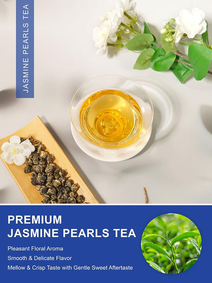 TeeLux Jasmine Pearls Green Tea, Handrolled Loose Leaf, Floral Aroma, 4 oz