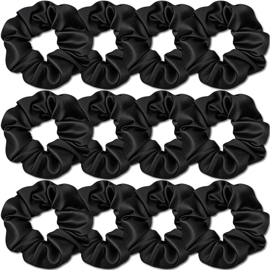 IVARYSS Scrunchies for Hair Sleep, Premium Satin Soft Than Silk for Women Curly Hair, Cute Bands Ties for Girls Thin | Thick Hair Styling, 12 Pack, Black