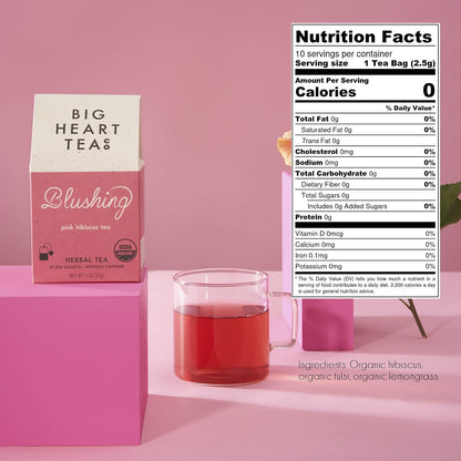 Big Heart Tea Co. Tea Bags - Blushing Pink Hibiscus - Certified Organic, Naturally Sweet Ayurvedic Herbal Decaf Tea with Small Batch Ground Herbs - Adaptogenic Tulsi and Lemongrass, 20 Tea Bags
