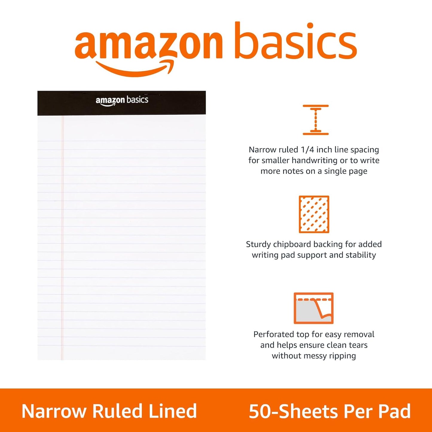Amazon Basics Narrow Ruled Lined Writing Note Pads for Notes, Office Supplies, 5" x 8", White, 12-Pack of 50 Pages, Perforated