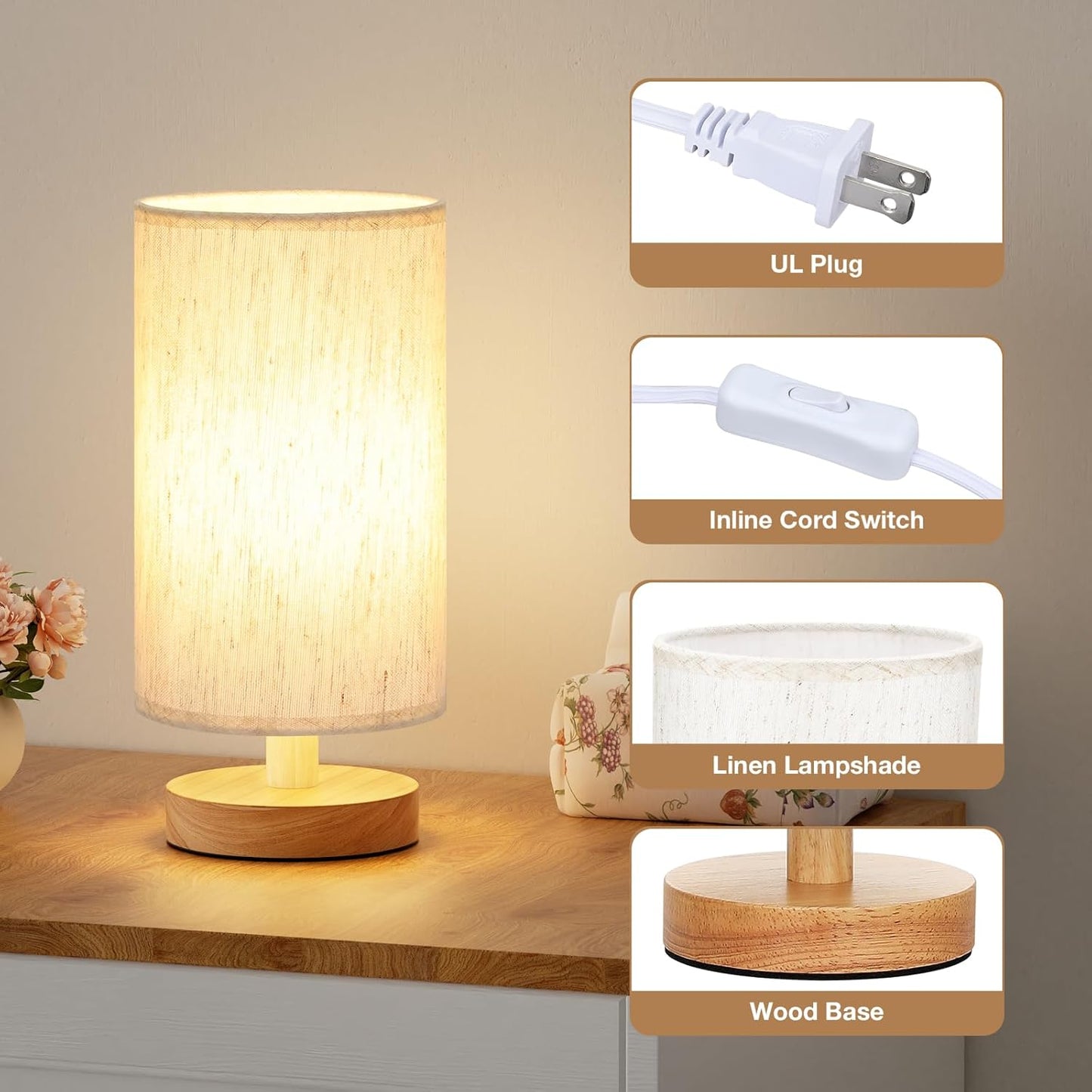 Fenmzee Small Table Lamp for Bedroom - Inline Control, Bedside Lamp with 3000K A15 LED Blub, Easy Assembly (Cream Shade - Wood Base, 9" Inline Control)