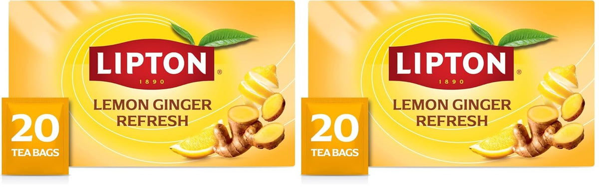 Lipton Lemon Ginger Tea Bags, caffeine free Tea, Refresh Fruit and Herbal Tea, Individually Wrapped, 20 Tea Bags