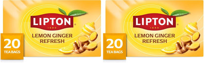 Lipton Lemon Ginger Tea Bags, caffeine free Tea, Refresh Fruit and Herbal Tea, Individually Wrapped, 20 Tea Bags