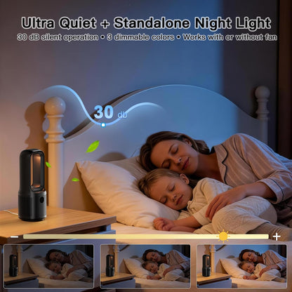 let'me Bladeless Desk Fan Small Quiet,5-Speed Bedside Table Fan with 3-Level Brightness Night Light, 72° Oscillation, 9-Hour Timer, Wired Power with Adapter,Fan for Bedroom Office Home,13x5 Incn