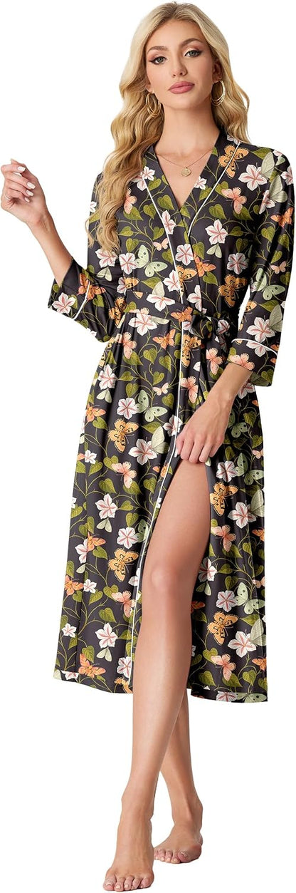 PrinStory Robes for Women 3/4 Sleeve Long Bath Robe XS-4XL