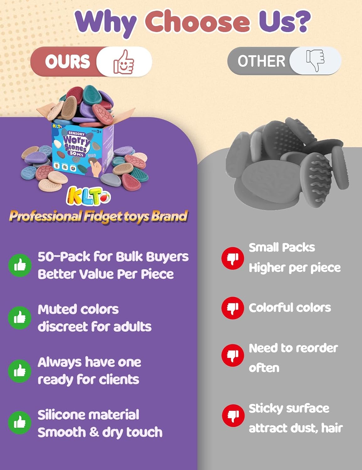 KLT Fidget Toys Bulk for Adults: 50 Pack Texture Worry Stone - Bulk Fidgets for Student Classroom Prizes - Quiet Stress Toys for Autism Calming - Goodie Bags Stuffers for Gifts Office