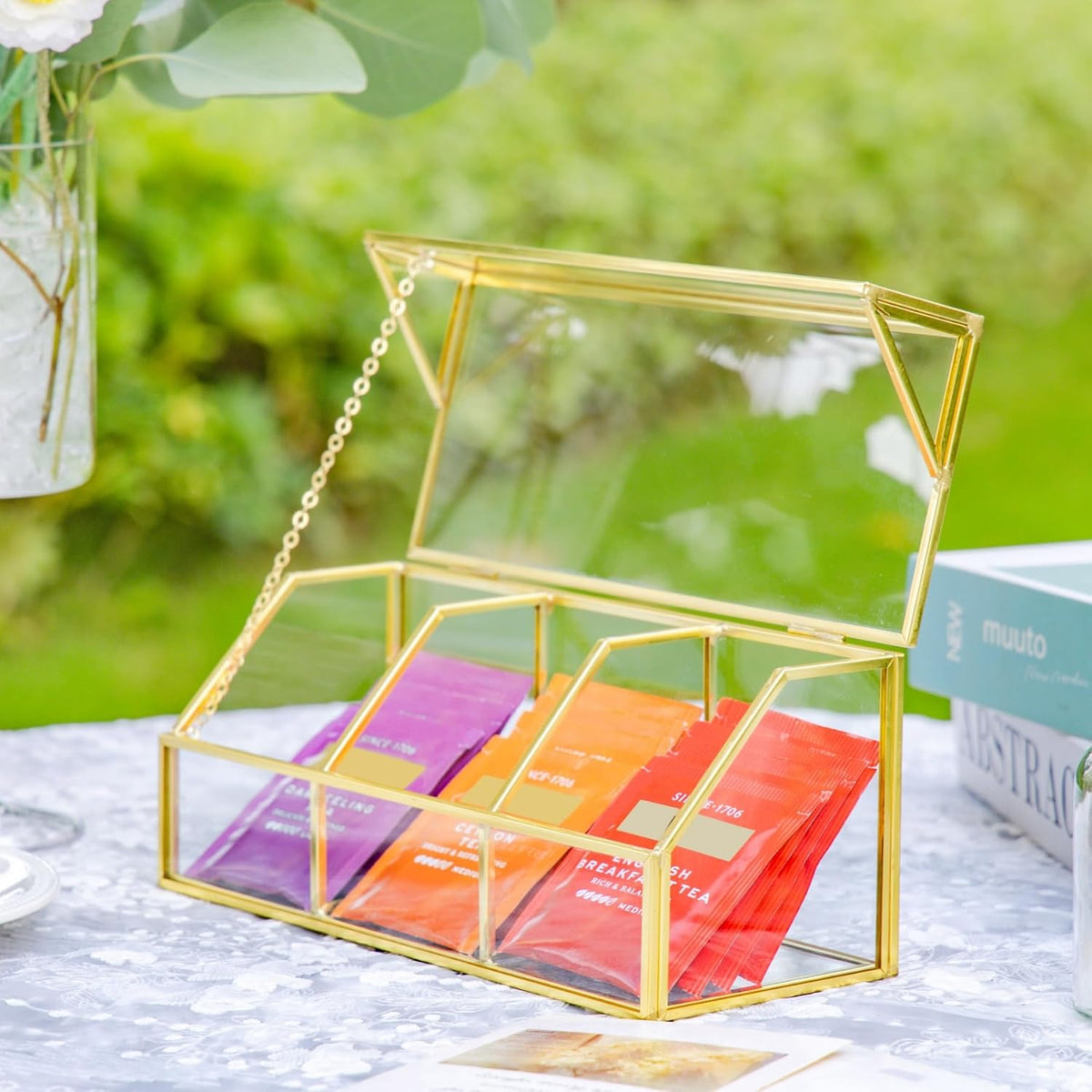 NCYP Glass Tea Bags Organizer with 5 Grids Compartments, Indoor Counter Top Brass Display Case with Lid, Storage Box, Gold, Decor, Teabag Storage, 14.5 x 3.6 x 3.66 Inches (Glass Box Only)