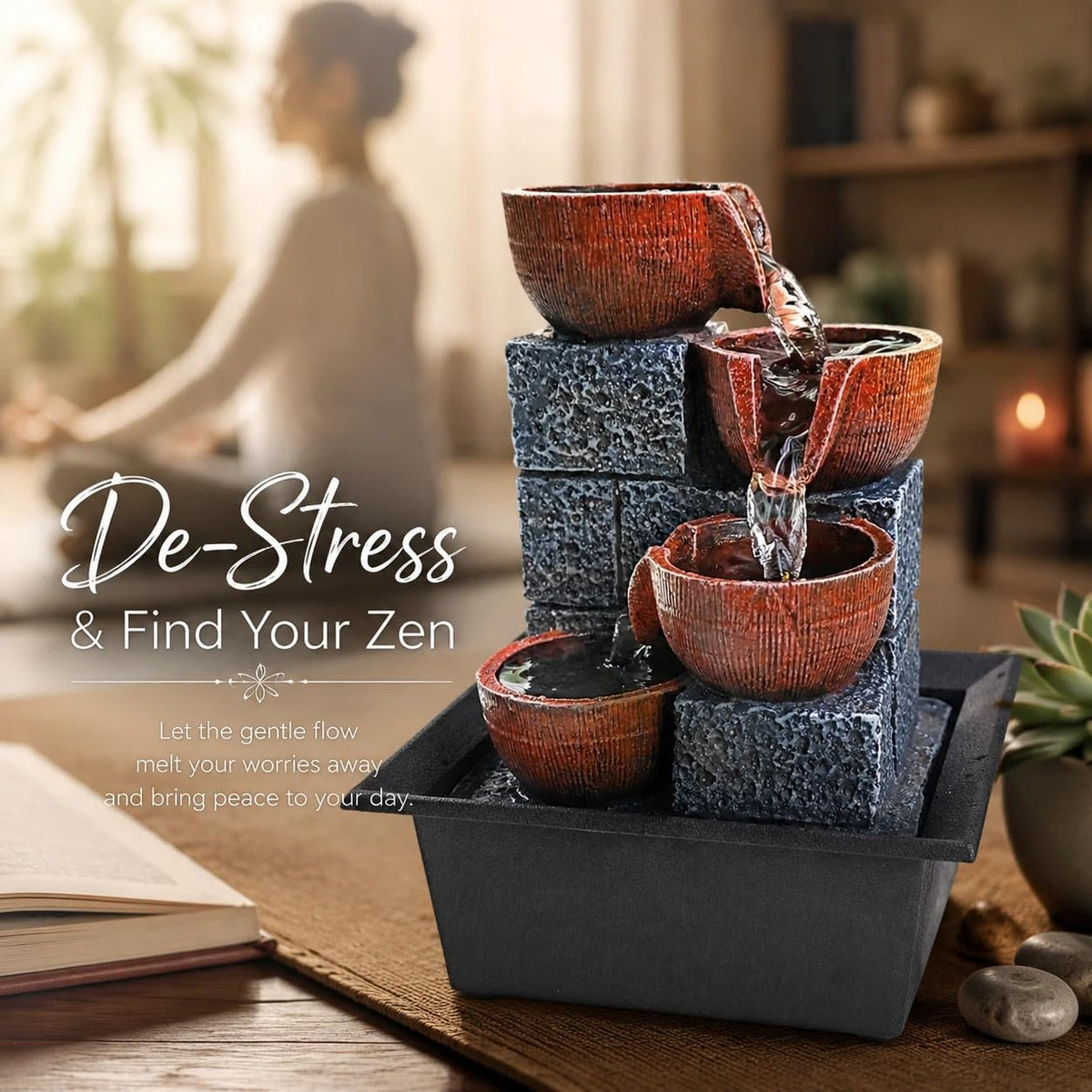 Tabletop Water Fountains, 10.6" Indoor Waterfall with Relaxing Warm Lights & Quiet Pump, Small Soothing Sound Machine, Feng Shui Decor for Good Luck, Relaxation & Meditation
