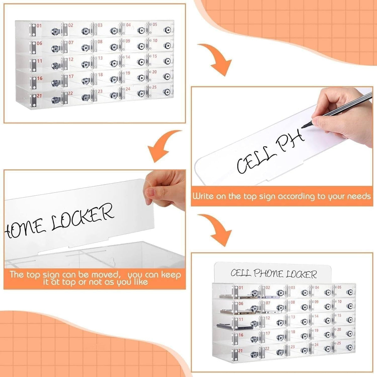 Transparent Acrylic Wallmounted Phone Charging Station 30 Slots Lockable with Keys Nized Storage for Mobile Devicesideal for OfficesHomes,One Color-25Slots