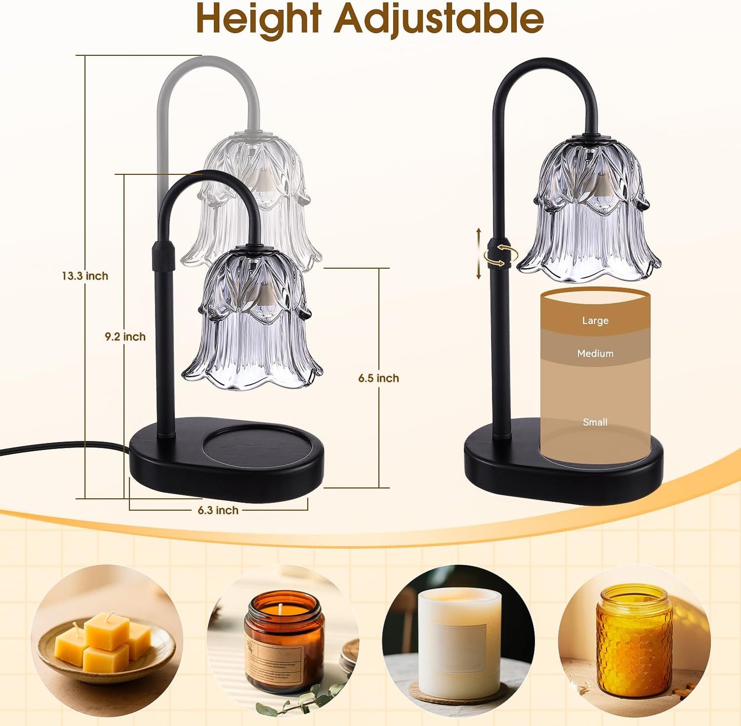 Candle Warmer Lamp Adjustable Timer - Electric Flower Glass Candles Warmers Adjustable Height Dimmable Vintage Base Modern Wax Candles Top Warmers for Small Jar Scented Wax Melts