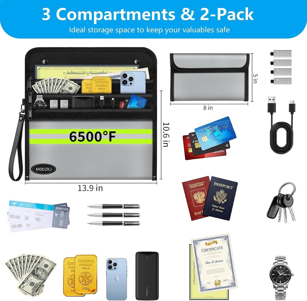 6500℉ Upgraded Fireproof Cash Bag (11.2x7.7 inch) with 2 Pockets,Small Fireproof Safe with 2 Zipper,Storage Cash,Legal Documents Safe,10 Layers of Heat Insulated Materials(2 Pack)