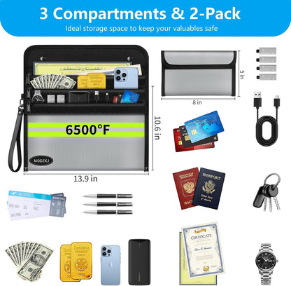 6500℉ Upgraded Fireproof Cash Bag (11.2x7.7 inch) with 2 Pockets,Small Fireproof Safe with 2 Zipper,Storage Cash,Legal Documents Safe,10 Layers of Heat Insulated Materials(2 Pack)