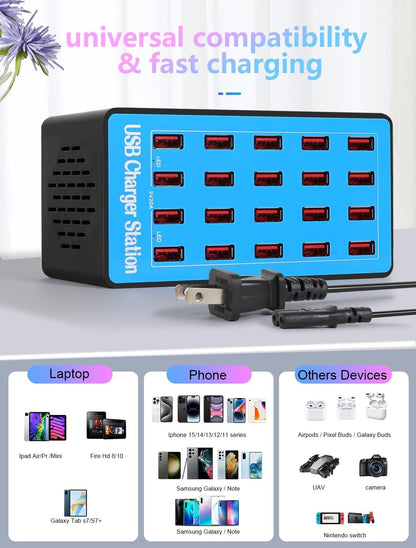USB Charging Station,100W 20-Port Multi Smart Safety Fast Charger Station for Phone Tablet Watch Headphone PS, Compact Desktop Charger Home Office Travel