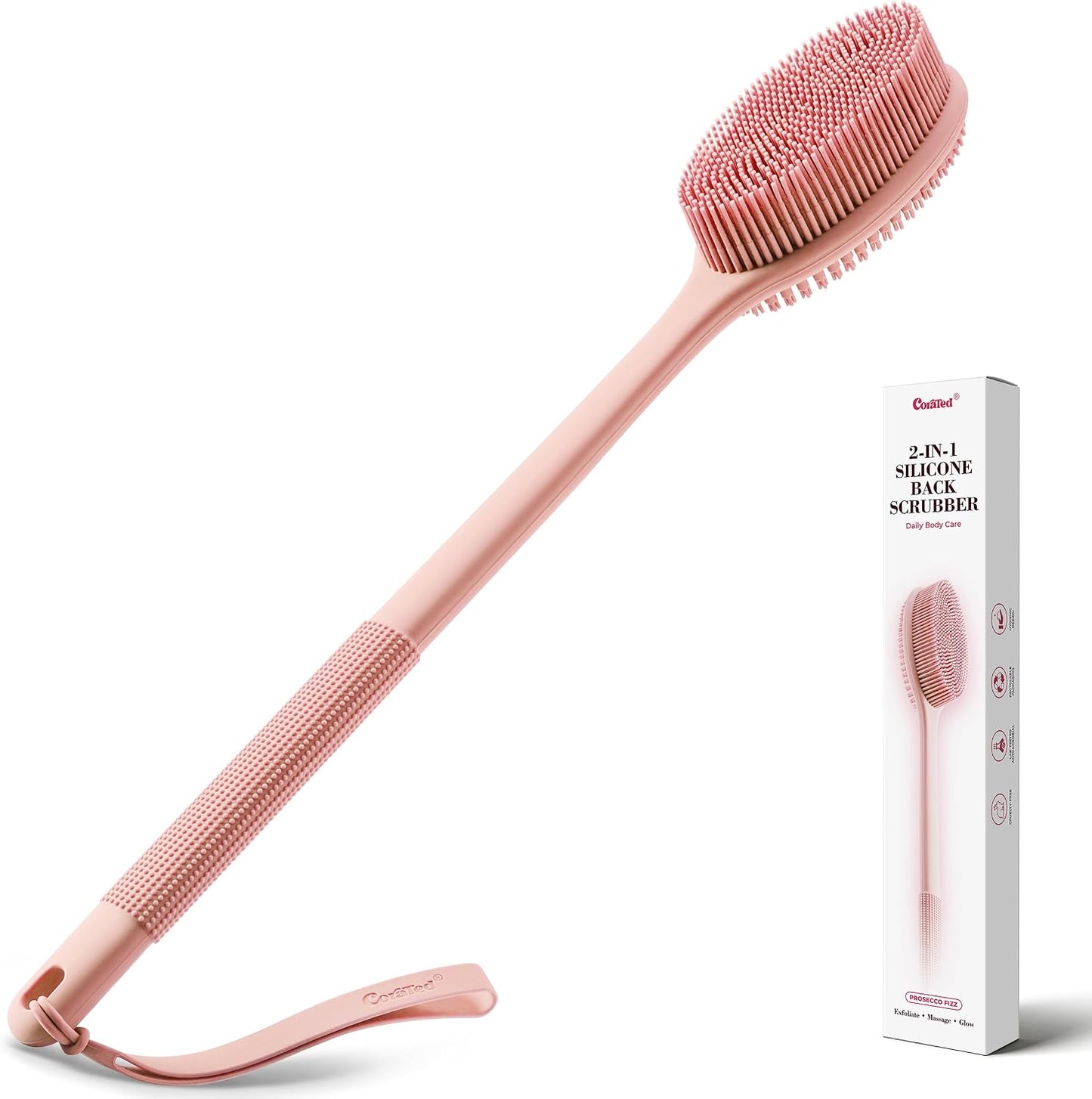 CORATED Silicone Back Scrubber for Shower, Exfoliating Body Scrubber with Long Handle, 2‑in‑1 Body Brush for Women & Men Daily Use, Loofah Alternative Bath Accessories