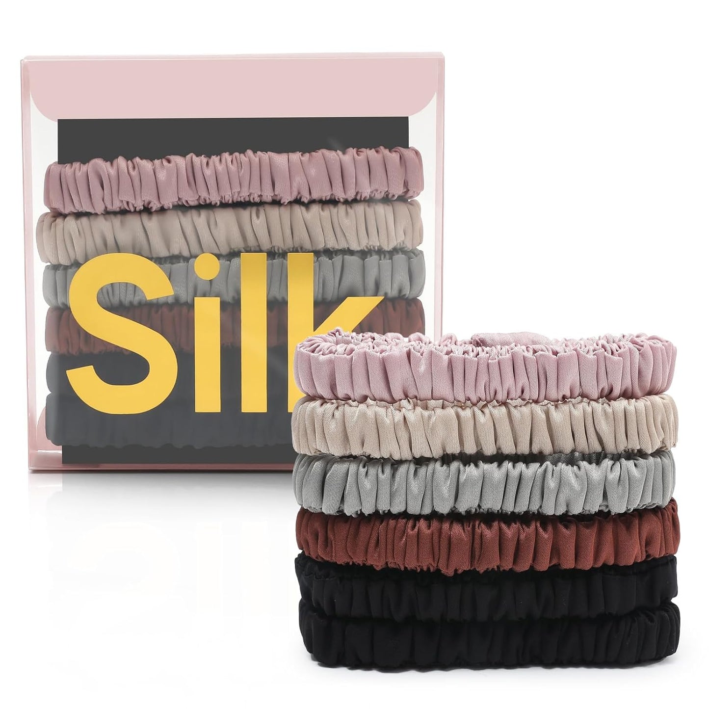 6Pcs Silk Hair Ties 100% Pure Mulberry Silk Scrunchies for Women Girls | No Hair Crease, Anti Frizz, Gentle Hold, No Damage, Black Brown Pink