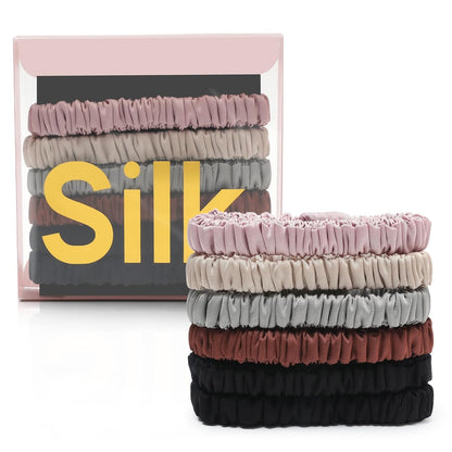 6Pcs Silk Hair Ties 100% Pure Mulberry Silk Scrunchies for Women Girls | No Hair Crease, Anti Frizz, Gentle Hold, No Damage, Black Brown Pink