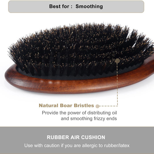 BESTOOL Hair Brush-Boar Bristle Hair Brushes Natural Bamboo Wooden Cushion Massage Anti Static Large Paddle Hairbrush for Women Men and Kid (Round)