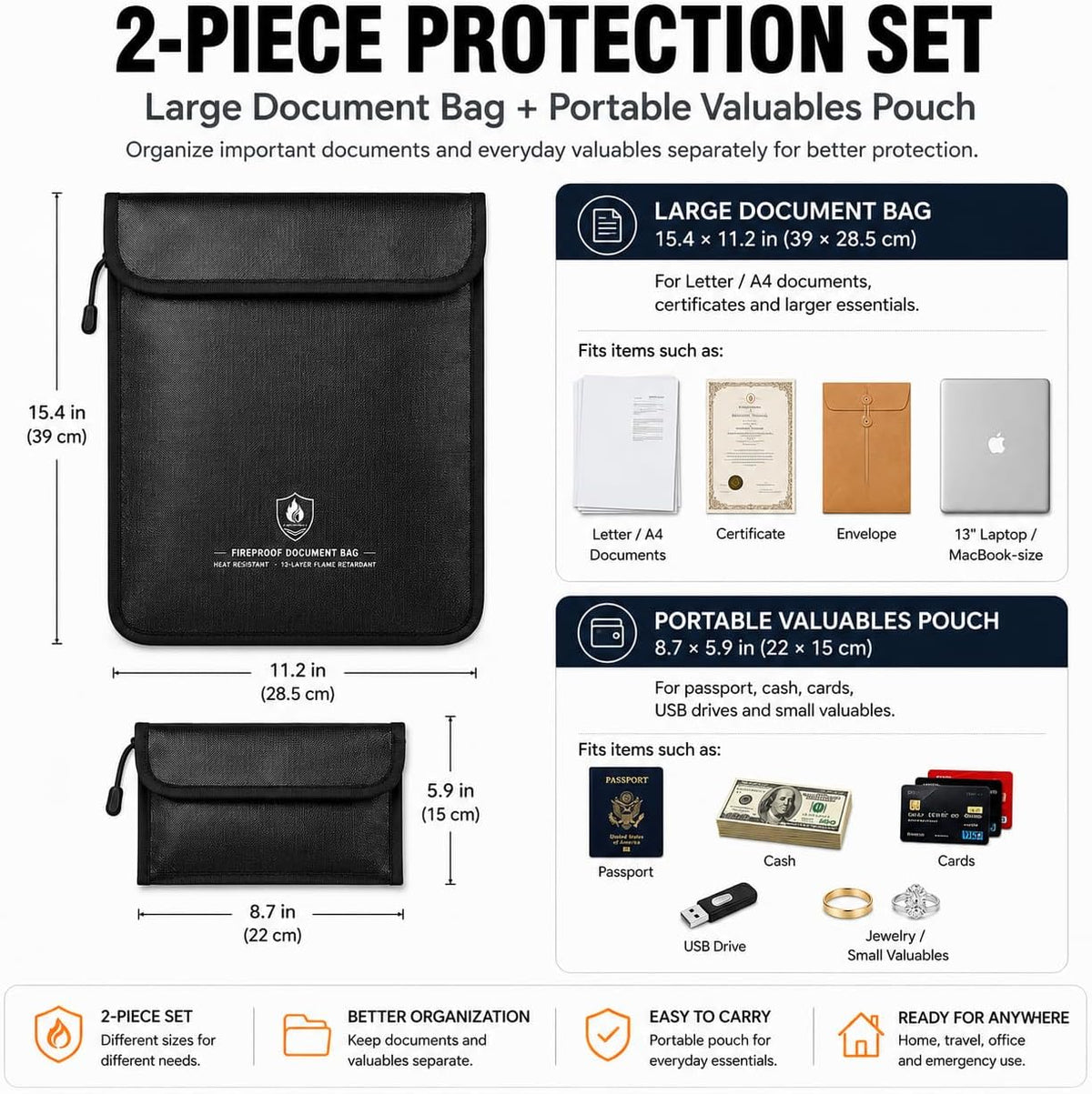 Fireproof Document Bag Set, 6400°F, 15.4x11.2'', 8.7x5.9''