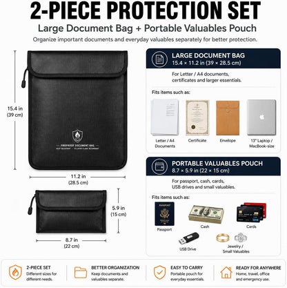 Fireproof Document Bag Set, 6400°F, 15.4x11.2'', 8.7x5.9''