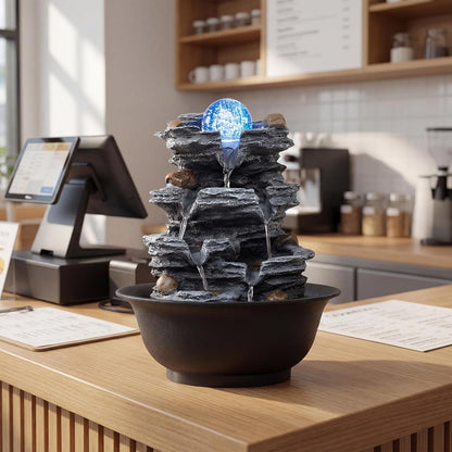 Giantex Tabletop Water Fountain with Warm LED Light, Tiered Rock Waterfall with Pump, Zen Meditation Desktop Decor for Office, Home Relaxation