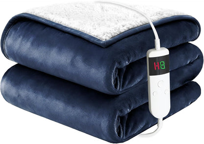 Electric Blanket Heated Throw, Soft Flannel 50"x60" Heating Blanket with 8 Hours Auto Off 10 Fast Heating Levels Machine Washable Sherpa Heated Blanket with Overheating Protection