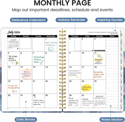 Planner 2026-2027, Academic Monthly and Weekly Calendar Planner for Women, July 2026 - June 2027, Hardcover Pretty Agenda Planner Book with Tabs, Spiral Daily Organizer for School Office Home Supplies, 6.3" x 8.5" - Blue Floral