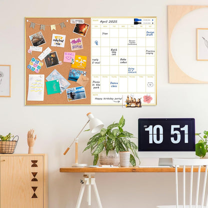 ARCOBIS Dry Erase Calendar with Cork Board for Wall, 24"x 18" Magnetic Calendar Whiteboard with Black Frame, Monthly Combination Board for School, Home, Office