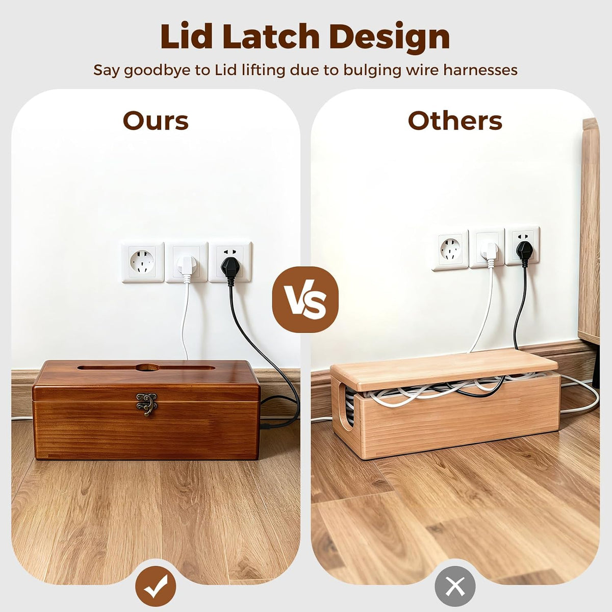 Large Cable Management Box with Clasp, Soild Wood Cord Box with 4 Open Slots, Cable Box to Hide Cords and Power Strip