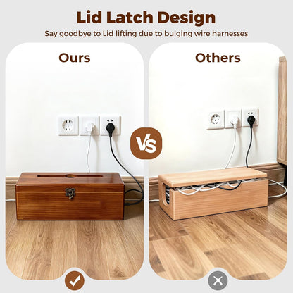 Large Cable Management Box with Clasp, Soild Wood Cord Box with 4 Open Slots, Cable Box to Hide Cords and Power Strip