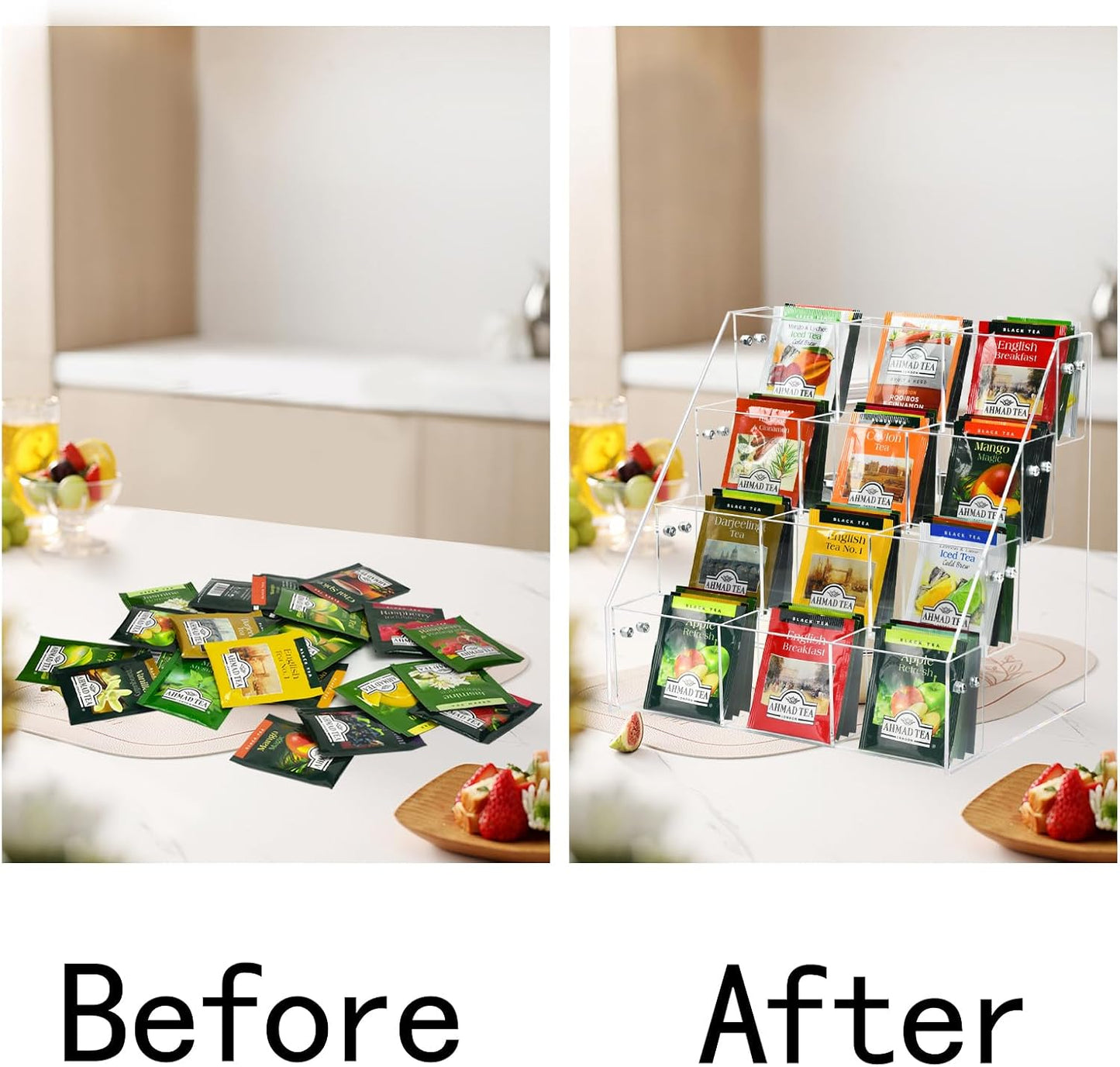 Tea Bag Organizer Holder, Acrylic Tea Packets Storage Box Container Display Stand Rack for Counter Cabinet Countertop Kitchen Office, 3 Tier