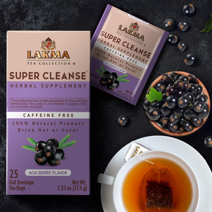 Lakma Super Cleanse Tea with Acai Berry, 100% Natural, Vegan, 25 Tea Bags
