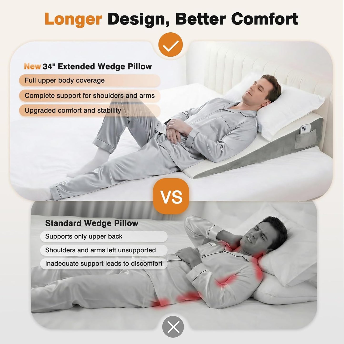 Vekkia 34" Extra-Long Wedge Pillow, 5.5" Bed Wedge Pillow for Sleeping,Gray