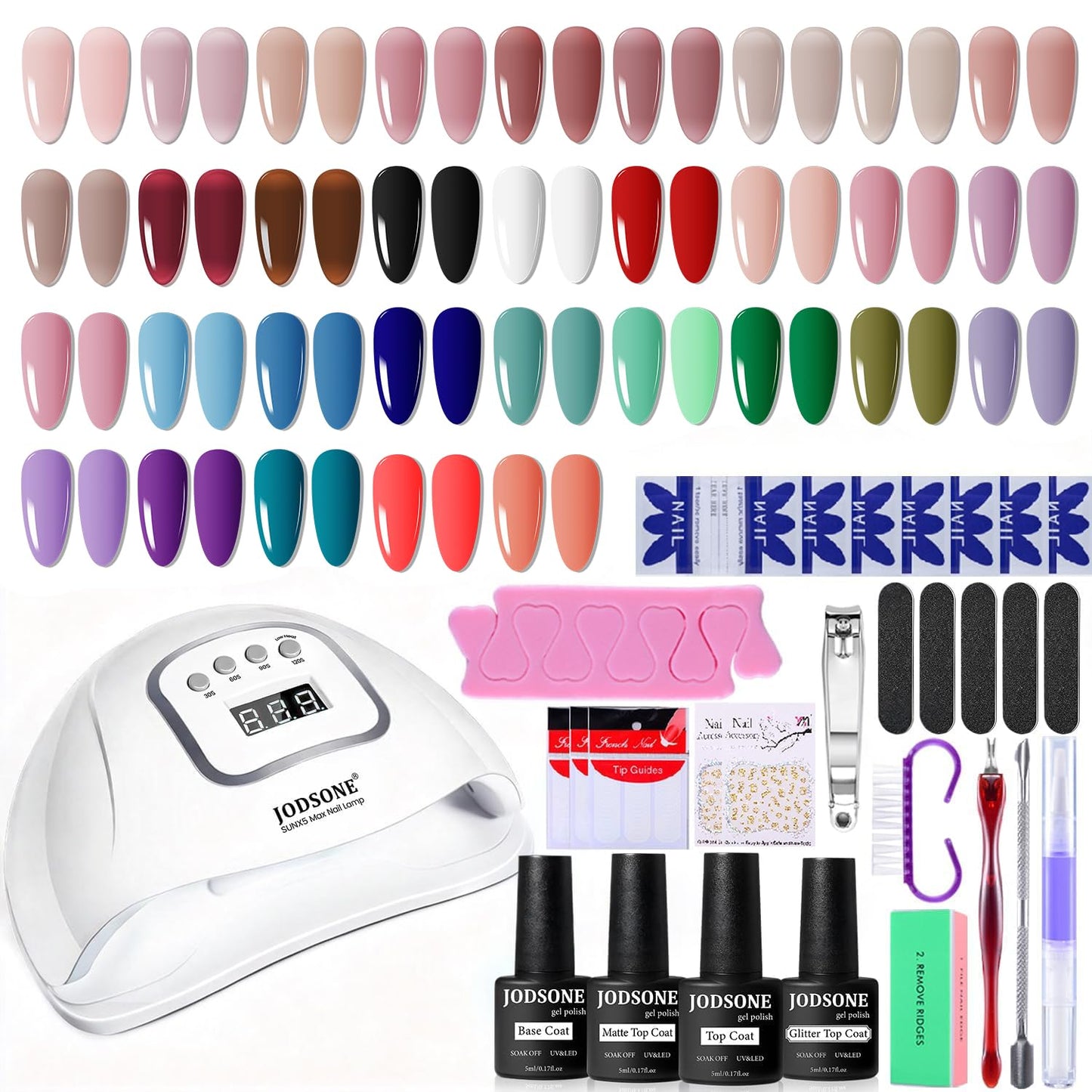 JODSONE Gel Nail Polish Kit with U V Light 32 Colors Gel Polish Nail + 4 Functional Adhesive Bottles Kit Soak Off Manicure Tools Gifts for Women