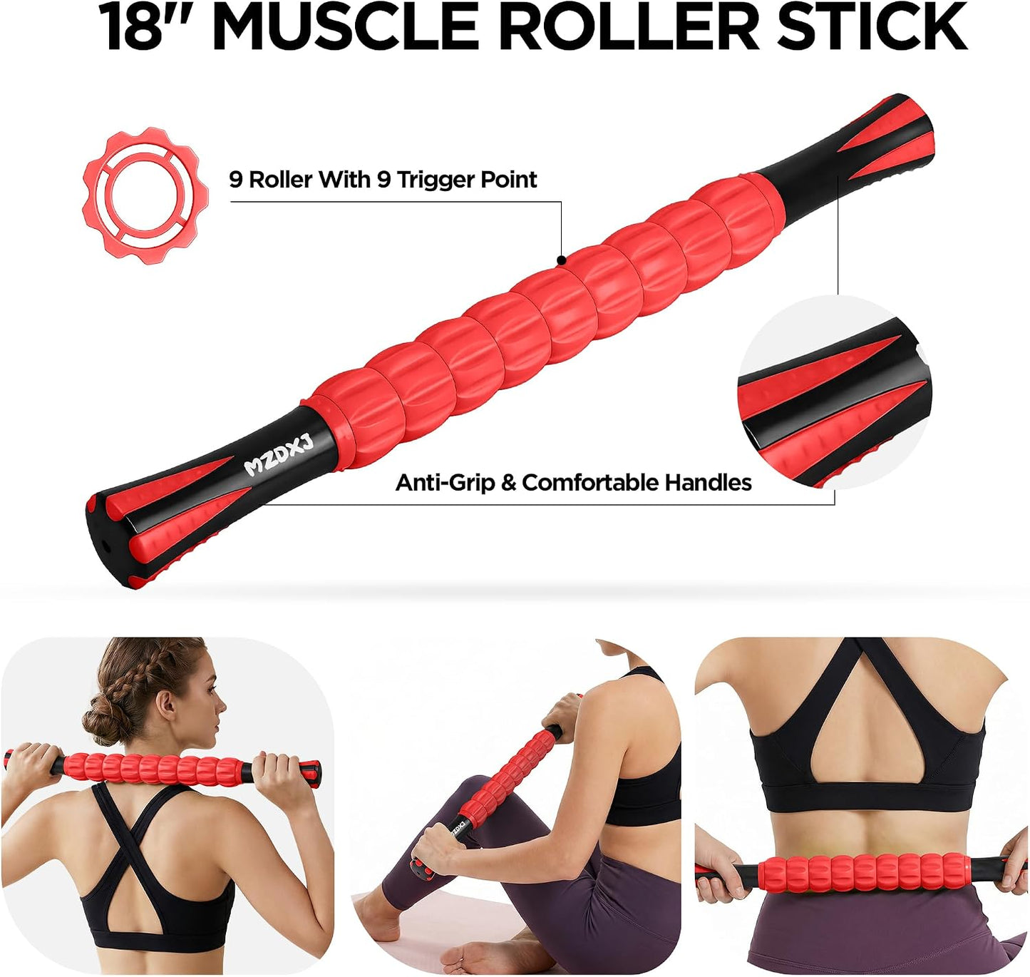 Muscle Roller Massage Roller Stick- Deep Tissue Fascia Blaster for Myofascial Pain Relief, Lymphatic Drainage & Body Sculpting, Handheld Physical Therapy & Recovery Tool (Pink black-18 inch)