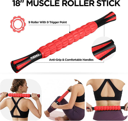 Muscle Roller Massage Roller Stick- Deep Tissue Fascia Blaster for Myofascial Pain Relief, Lymphatic Drainage & Body Sculpting, Handheld Physical Therapy & Recovery Tool (Pink black-18 inch)