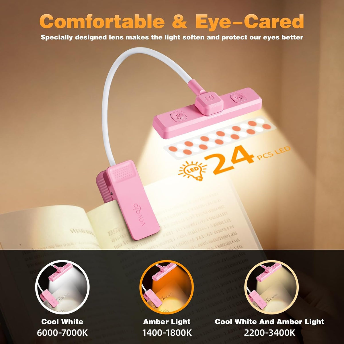 VAVOFO 24 LEDs Rotatable Book Light, Rechargeable Clip Reading Lamp