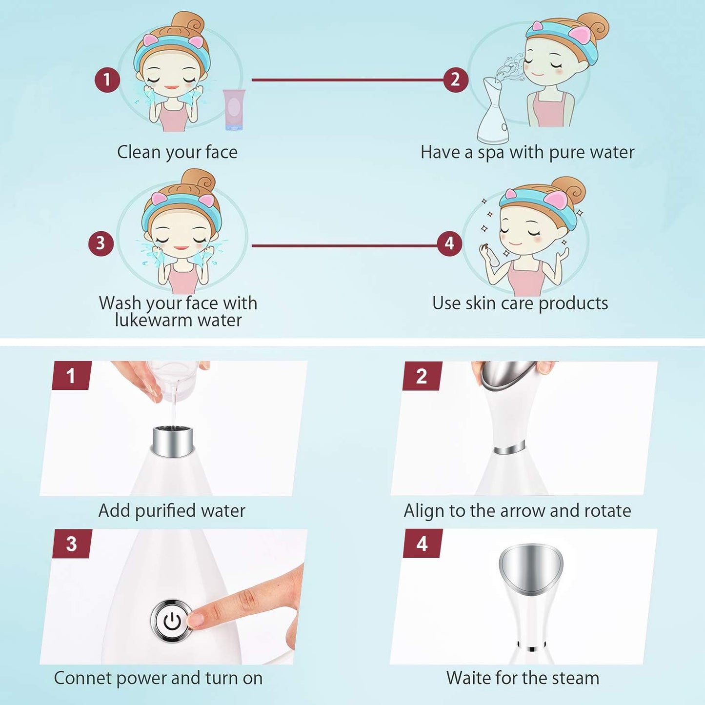 Facial Steamer for Facial Deep Cleaning, Moisturize, Unclog Pores, Face Spa, Nano Ionic Humidifier, Home Facial Warm Mist Face Steamer with Blackhead Removal Kit, Brush, Hair Band