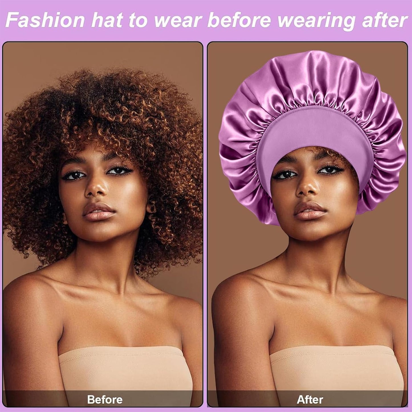 4Pcs Silk Satin Bonnets for Sleeping - Elastic Wide Band Wrap for Black Women Men,Silk Bonnets for Curly Hair,Large Hair Cap for Sleeping (Black+Wine Red+Purple+Brown)