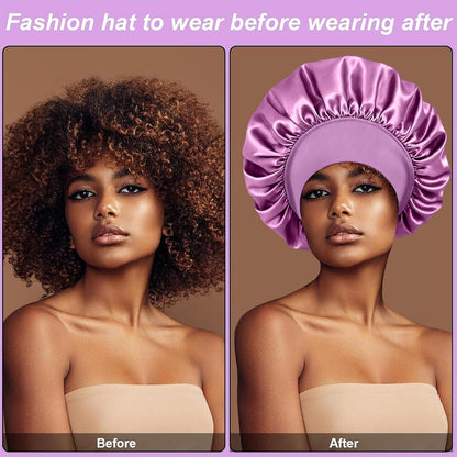 4Pcs Silk Satin Bonnets for Sleeping - Elastic Wide Band Wrap for Black Women Men,Silk Bonnets for Curly Hair,Large Hair Cap for Sleeping (Black+Wine Red+Purple+Brown)