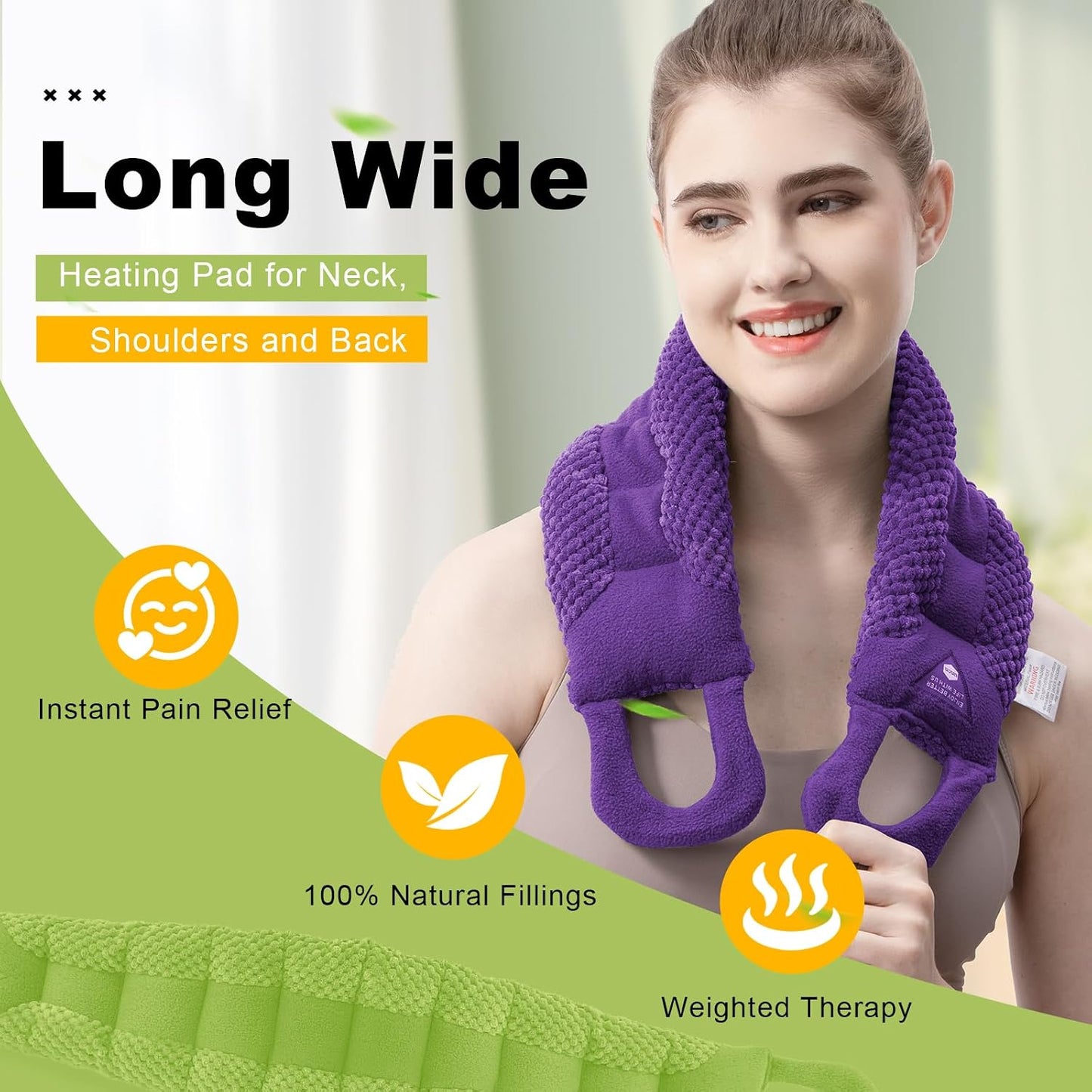 UNCN Long Wide Heating Pad for Neck and Shoulders Back 33x5.9 Microwavable Large Moist Heat Pack Warm Hot Compress Neck Wrap Weighted Bag Massage Reusable Herbal Nature Calming Portable 1.95Pounds
