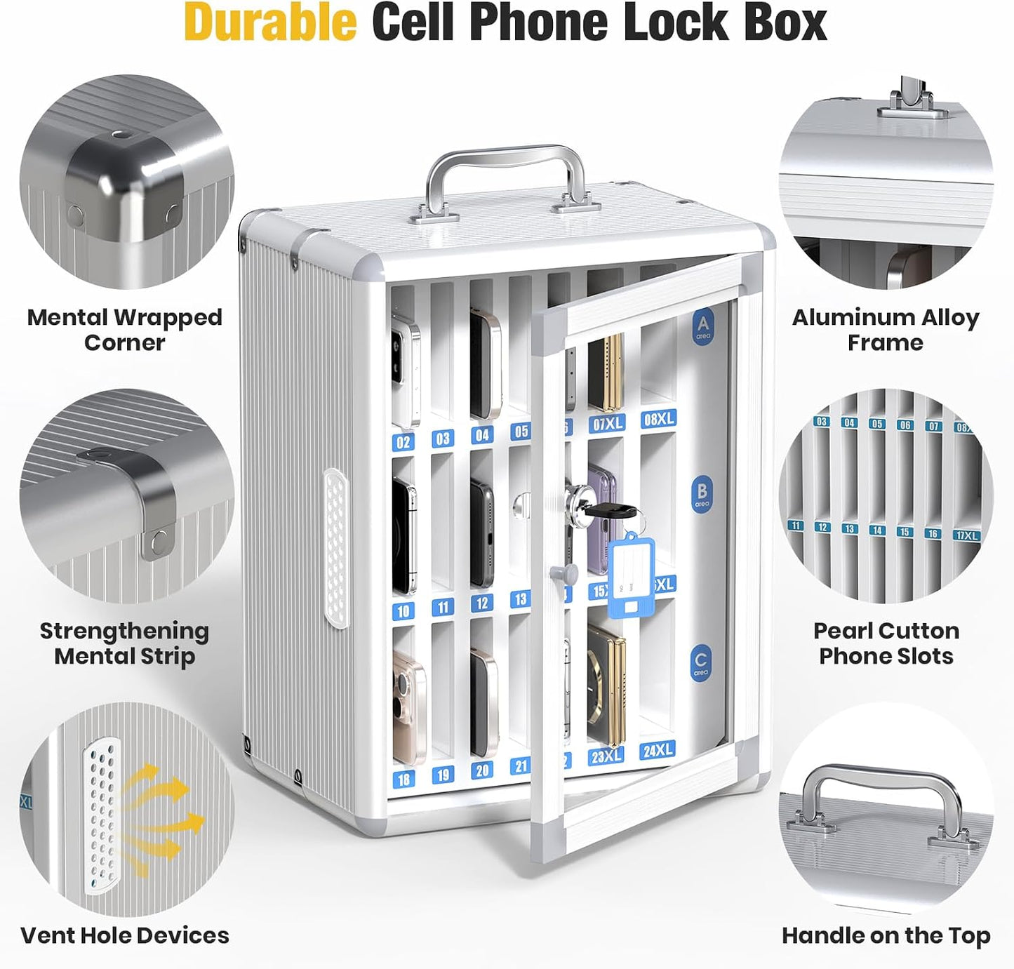 Glosen 24 Slots Cell Phone Locker, Portable Phone Storage Cabinet [Wall Mounted] [Aluminum Alloy] Cellphone Lock Box with Key & Handle for School Classroom Office Exam (Black)