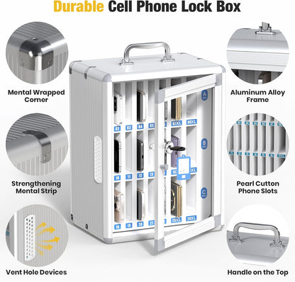 Glosen 24 Slots Cell Phone Locker, Portable Phone Storage Cabinet [Wall Mounted] [Aluminum Alloy] Cellphone Lock Box with Key & Handle for School Classroom Office Exam (Black)